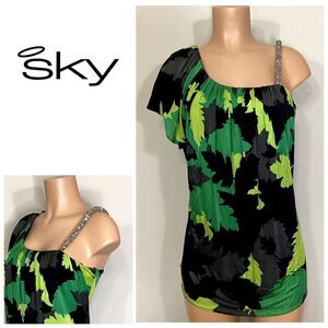 New. Sky silk camo mini dress/shirt with Swarovski crystal strap. Normally $224